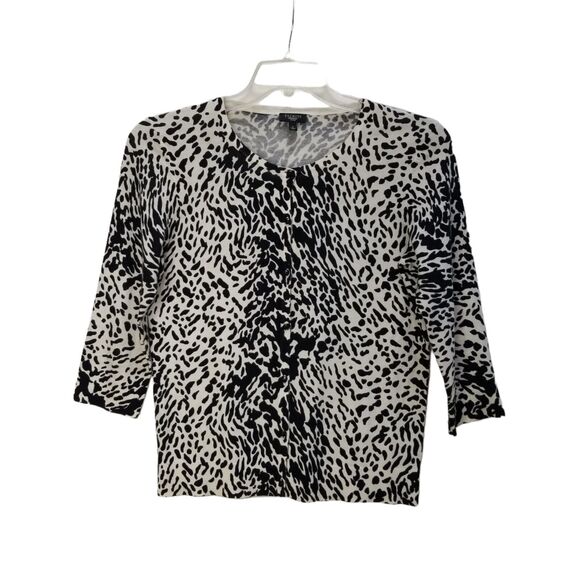 Talbots Cardigan Sweater Black White Animal Print Cotton Bl 3/4 Slv Petite S - Picture 5 of 12